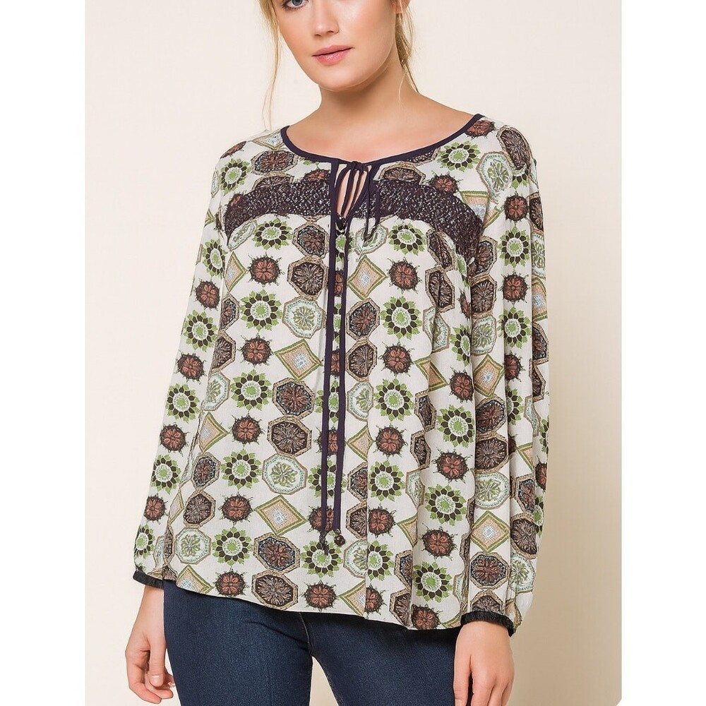 Daniel Rainn top/blouse Women's Long Sleeve Blouse tan & cream SZ M lightweight